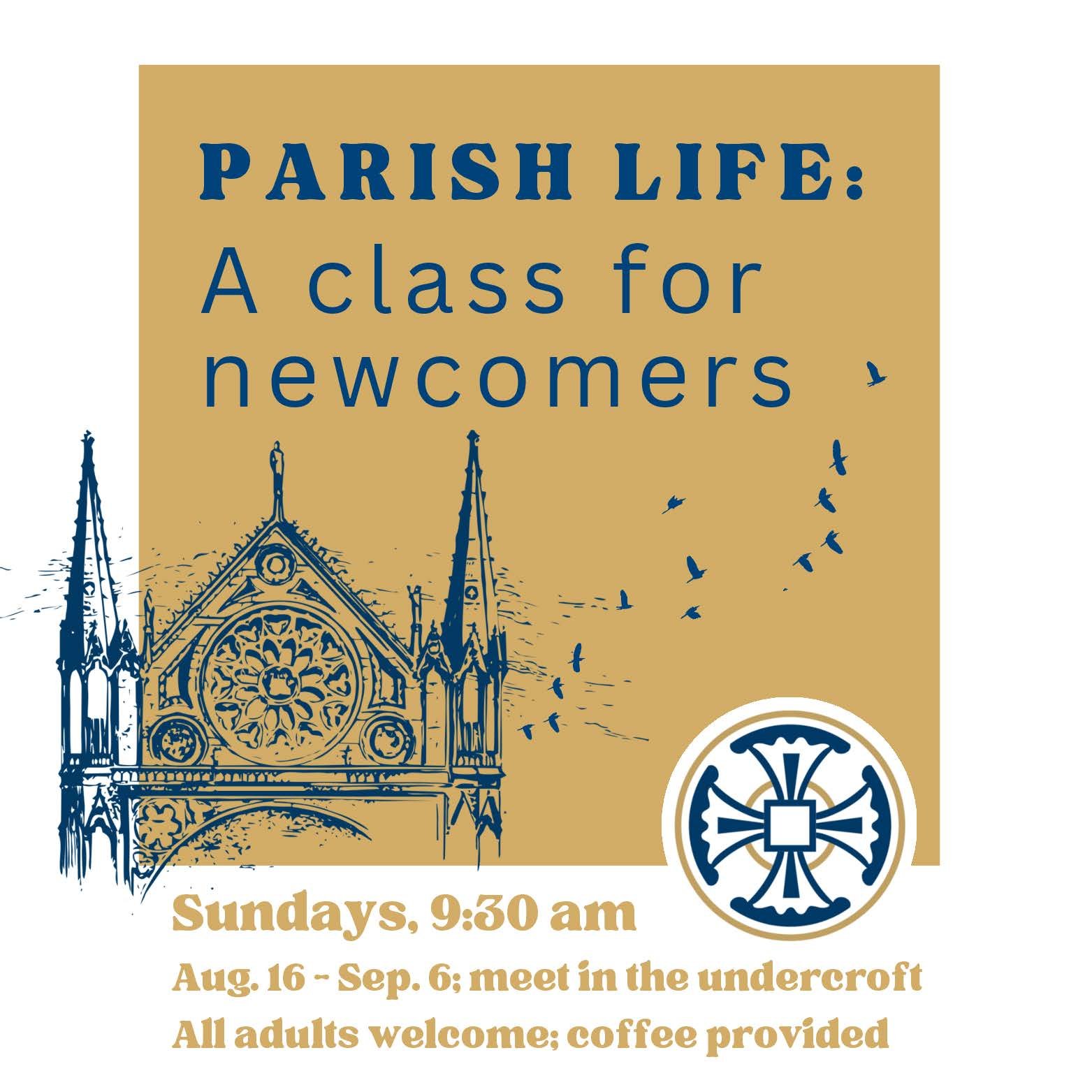 Please join us for our class "Parish Life: A Class for Newcomers". This class is for all adults and will run from August 16 - September 6. Meeting at 9:30am in the undercroft.  C