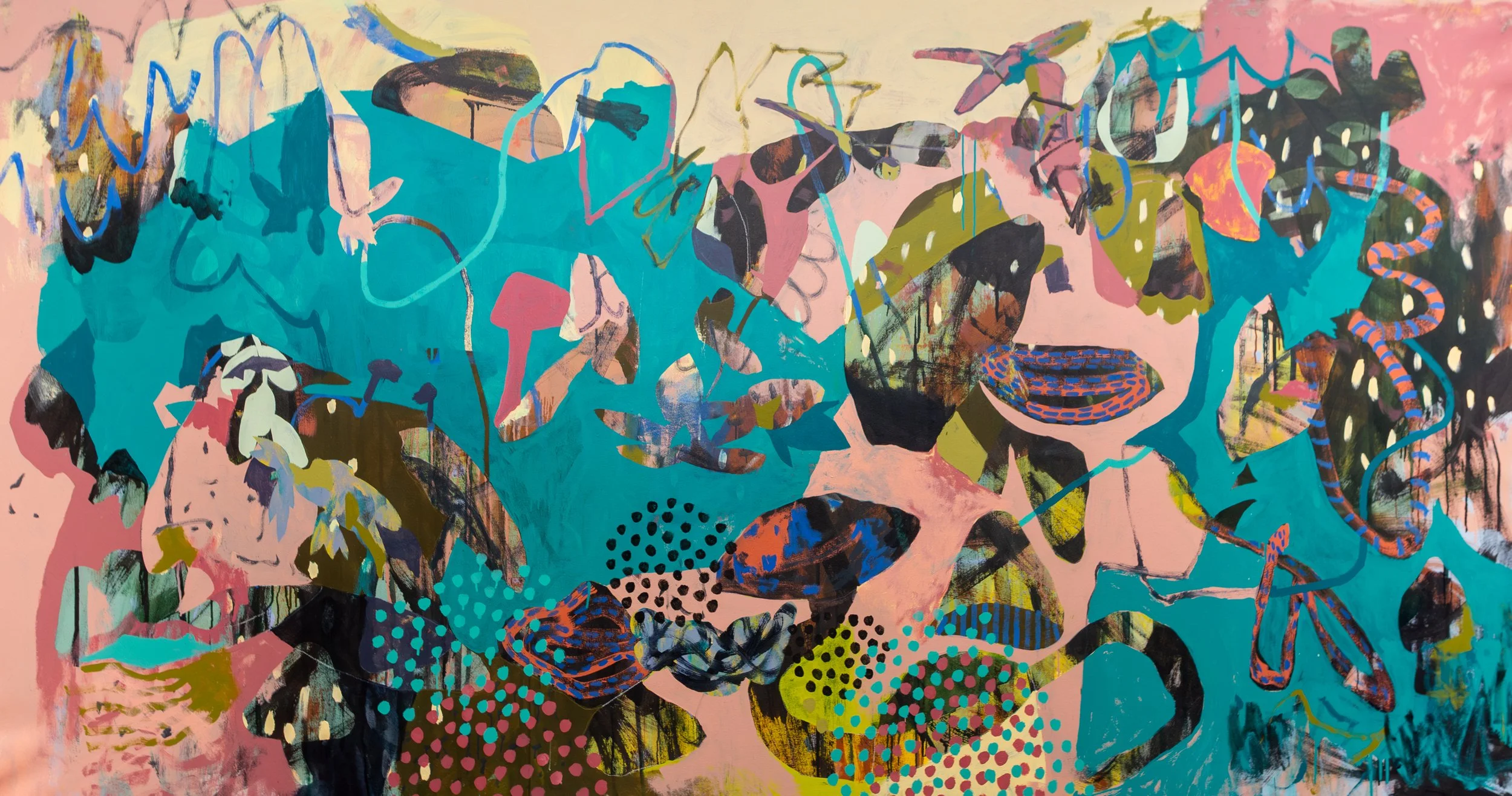 Sottobosco with Spores and Pond, 2026, Acrylic On Canvas, 64 x 124 in