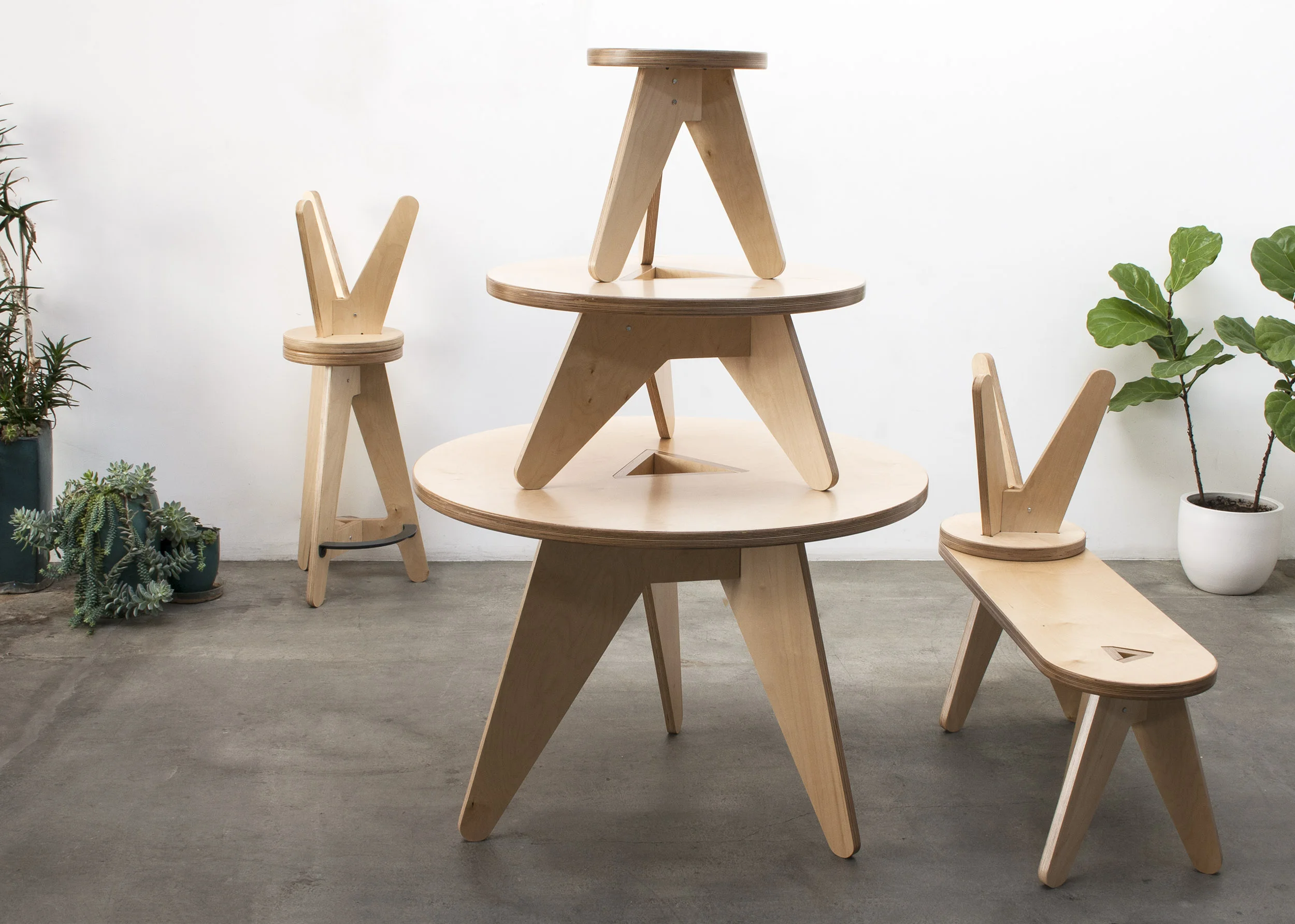 Shown – BOHDII Table, BOHDII Stools, BOHDII Coffee Table, BOHDII Bench, BOHDII Bar Stool