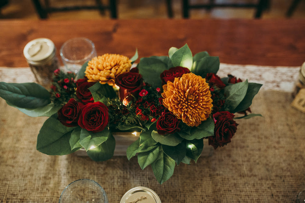 Burgundy Rose and Rust Mum Centrepieces - Wedding Flower Centrepiece IDeas