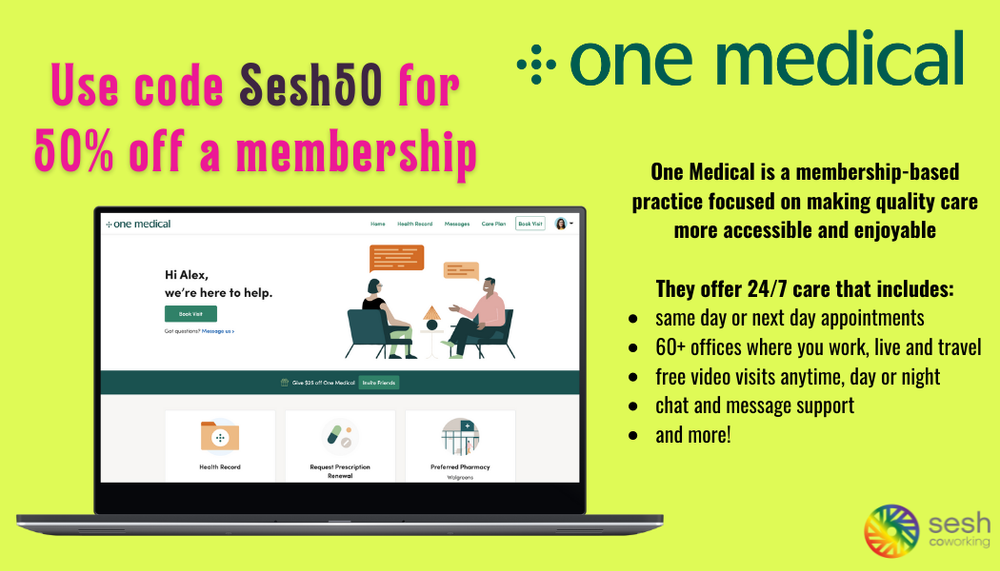 Use code Sesh50 for 50%  off a membership. One Medical is a membership-based practice focused on making quality care more accessible & enjoyable. They offer 24/7 care that includes: same day/next day appointments, 60+ offices, free video visits, etc.