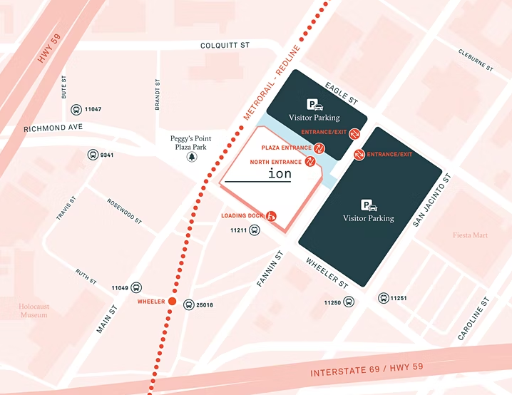 arial map of ion  campus- to the west of the ion on main street is the Metro RedLine. To the north of the ion between Main and Eagle St is Visitor Parking. To the east across Fannin street is  a larger visitor parking lot.