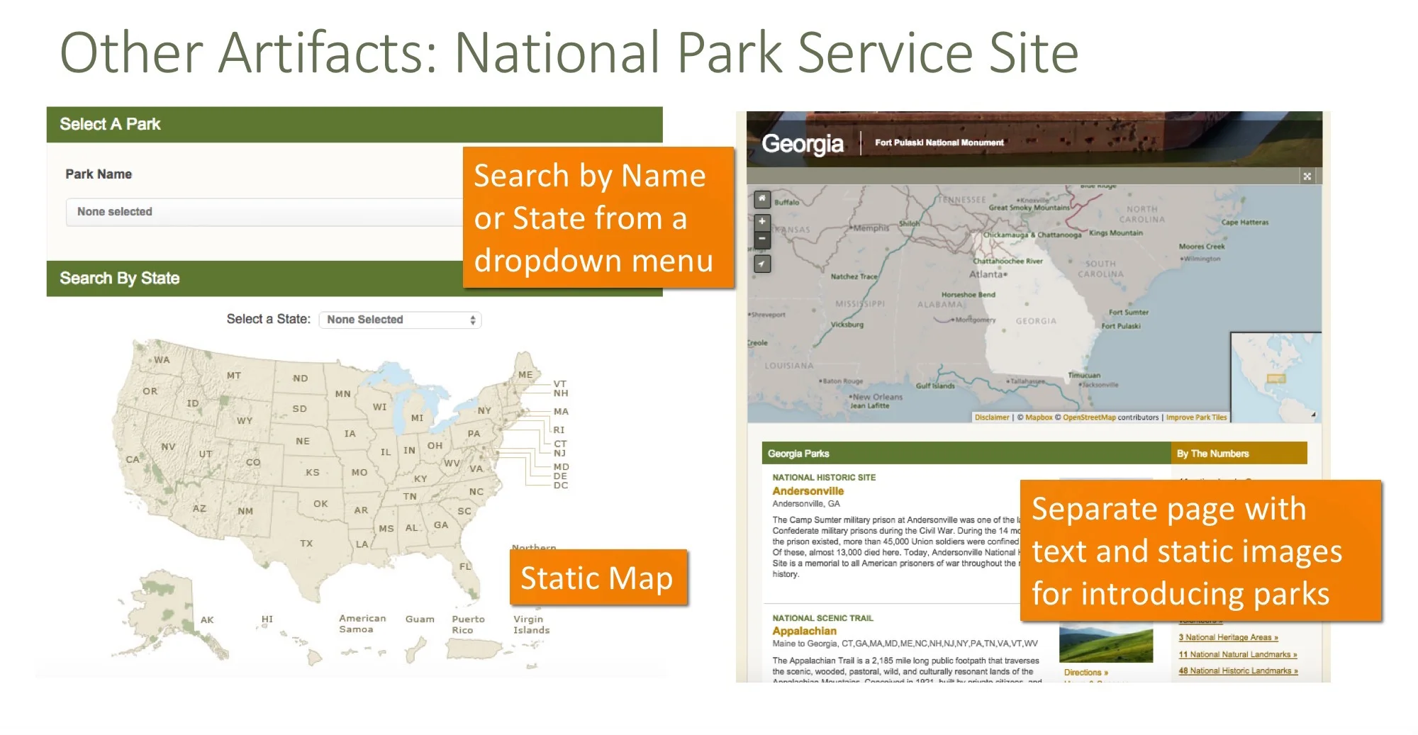 National Park Service Show national parks in a static map and a drop-down menu