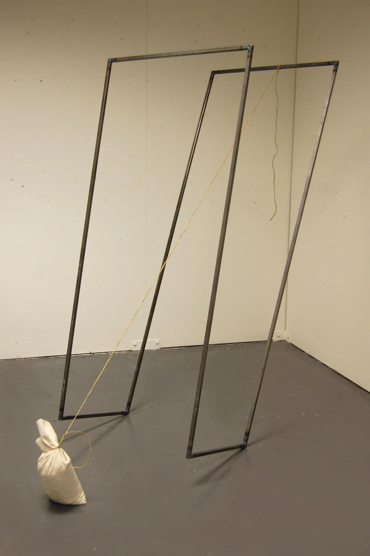 'Untitled' February 2013. Welded steel, string (hessian), calico and sand. 80cm x 60cm x 120cm. It correlates the language in my drawings into a physical state using weight to respond to line.