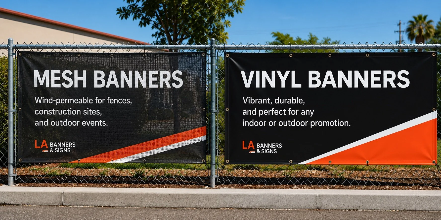 Outdoor banners with grommets mounted on a fence for event signage