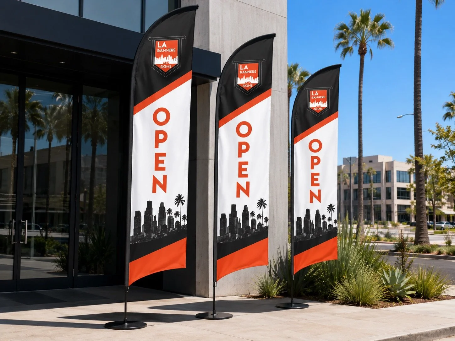 Custom feather flags outside a Los Angeles storefront