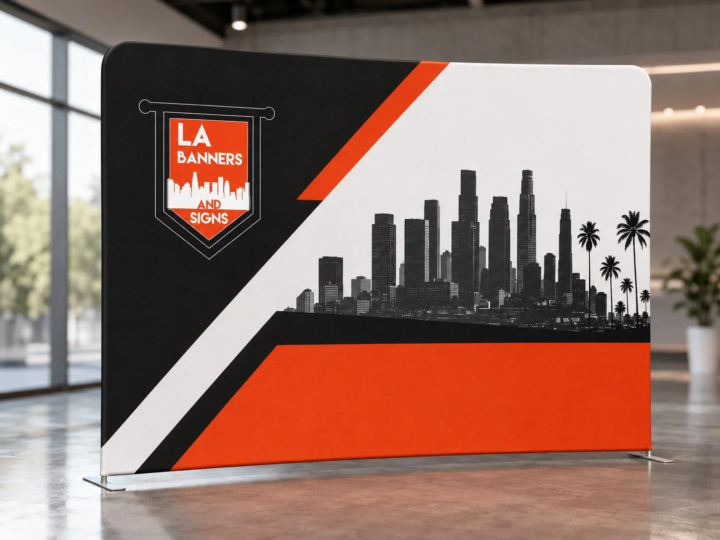 Trade show display booth with branded backdrop