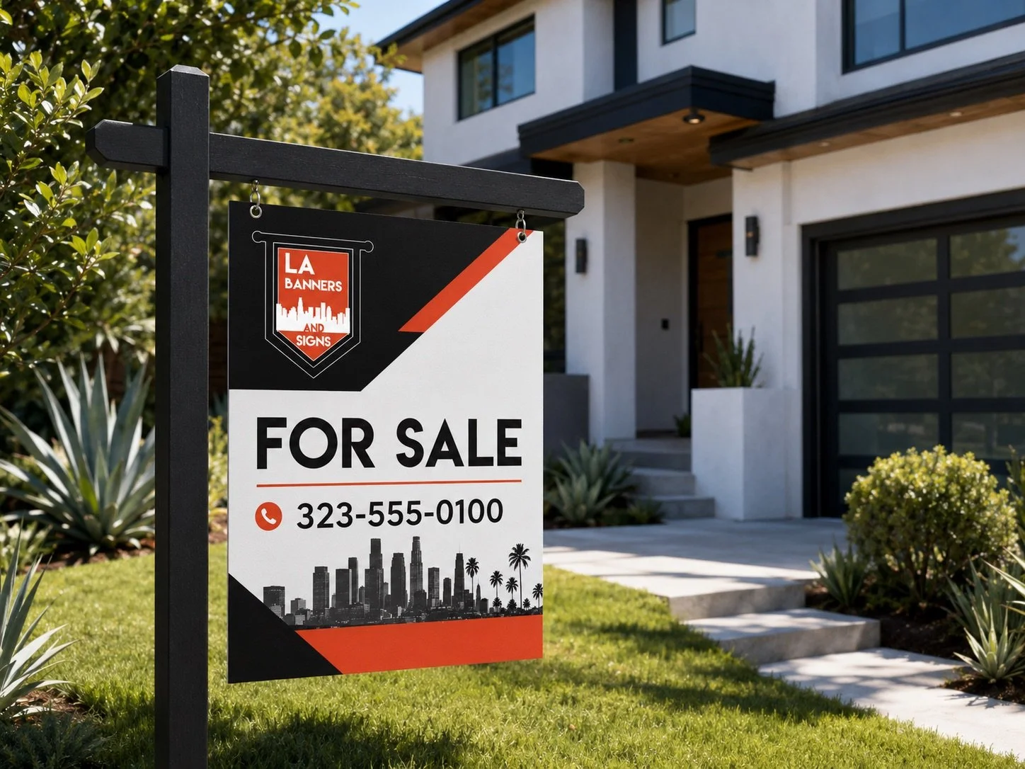 Real estate sign installed in front of a home