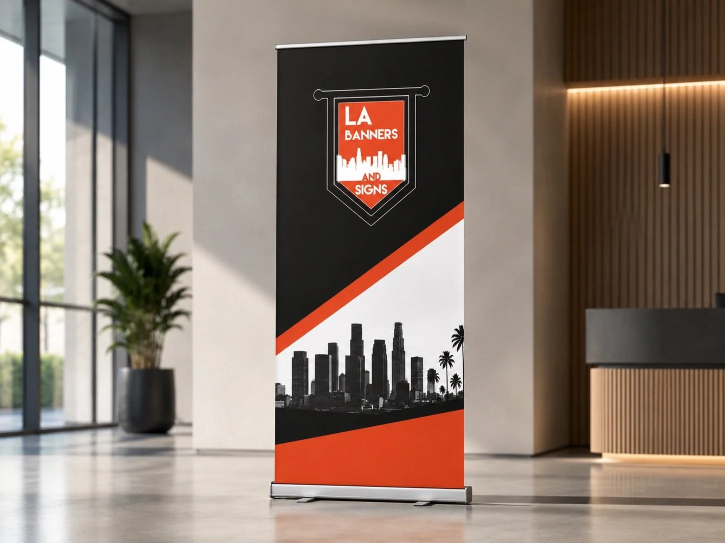 Retractable banner stand with LA Banners and Signs branding