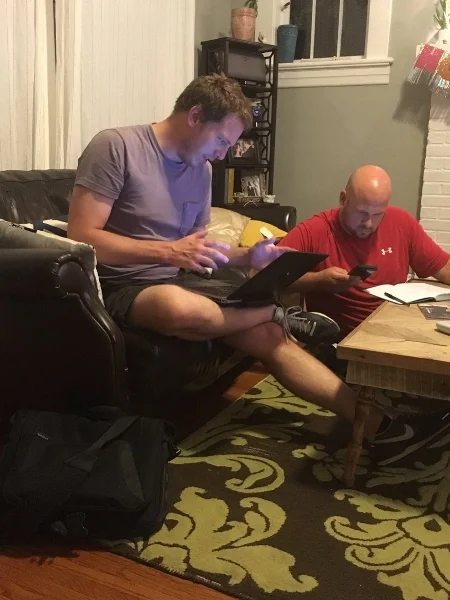 Brian (front) and Dave are pretending to do research for an upcoming podcast episode.