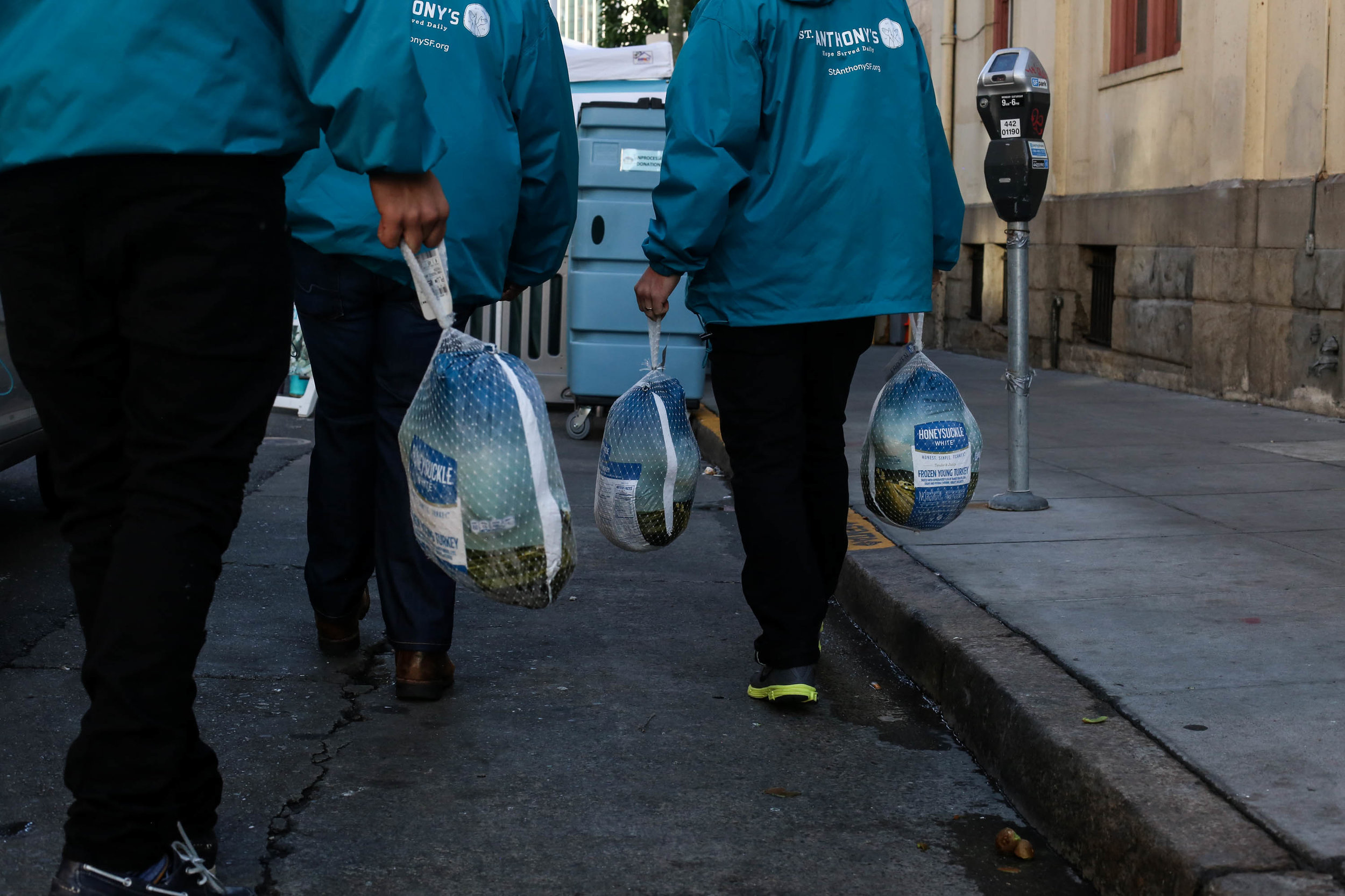 Curbside volunteers collect turkey donations bringing their turkey count to 1,257. These turkeys will be part of the Thanksgiving Day meal that will serve the homeless Mid-Market community, San Francisco, California, Wednesday, November 23, 2016 (Je