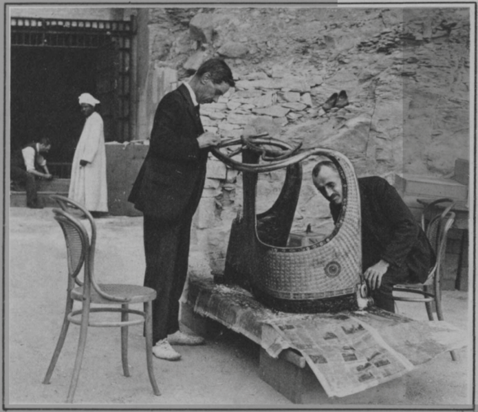 Arthur Mace, with a chariot from Tutankhamun's tomb, during its excavation