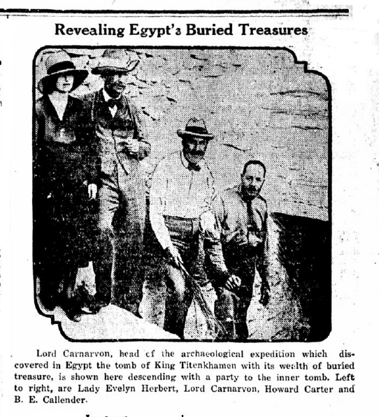 Newspaper photo featuring Lady Evelyn Herbert, Lord Carnarvon, Howard Carter, and Arthur Callender outside the tomb of Tutankhamun