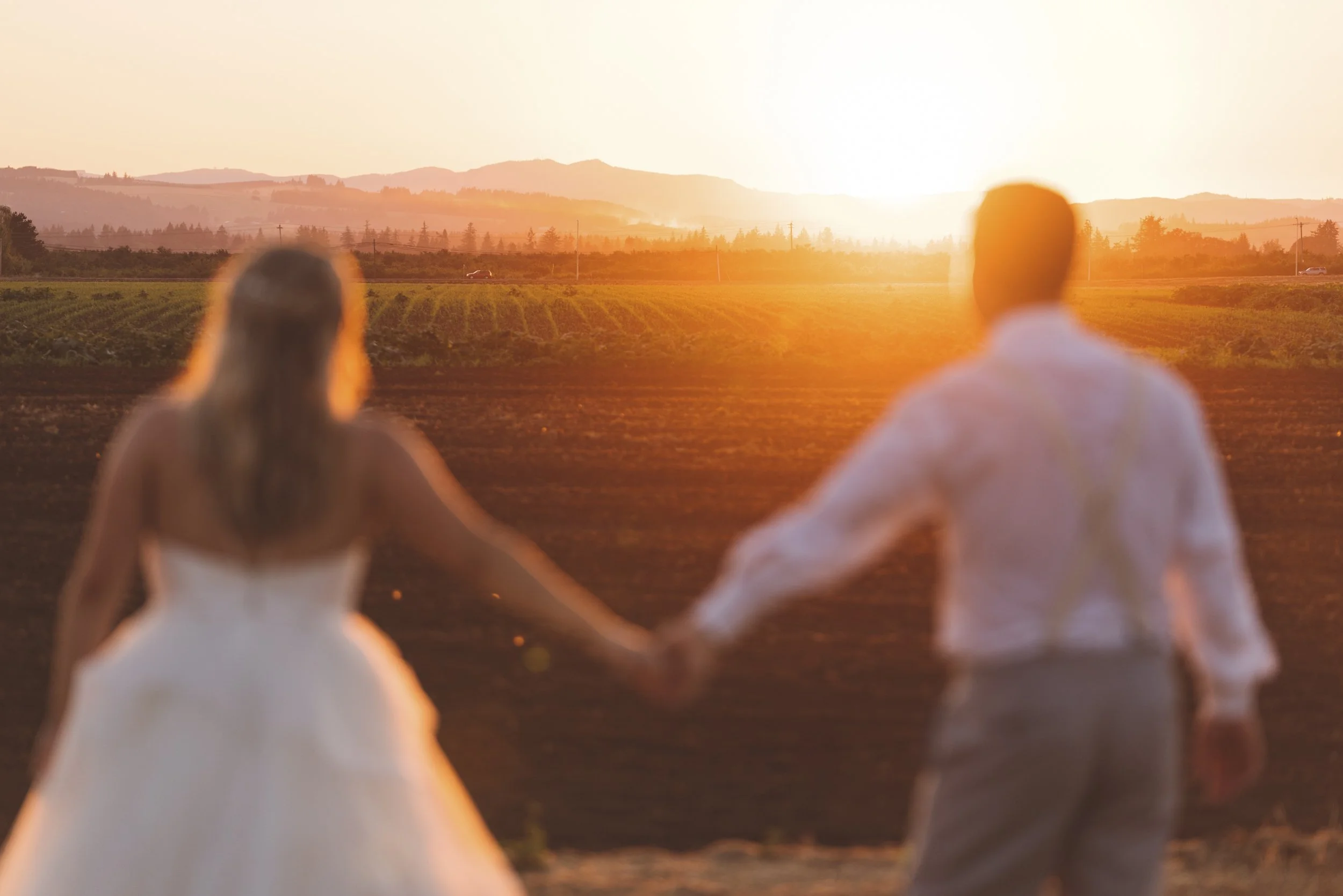 A couple holding hands and walking toward a sunset over a field.