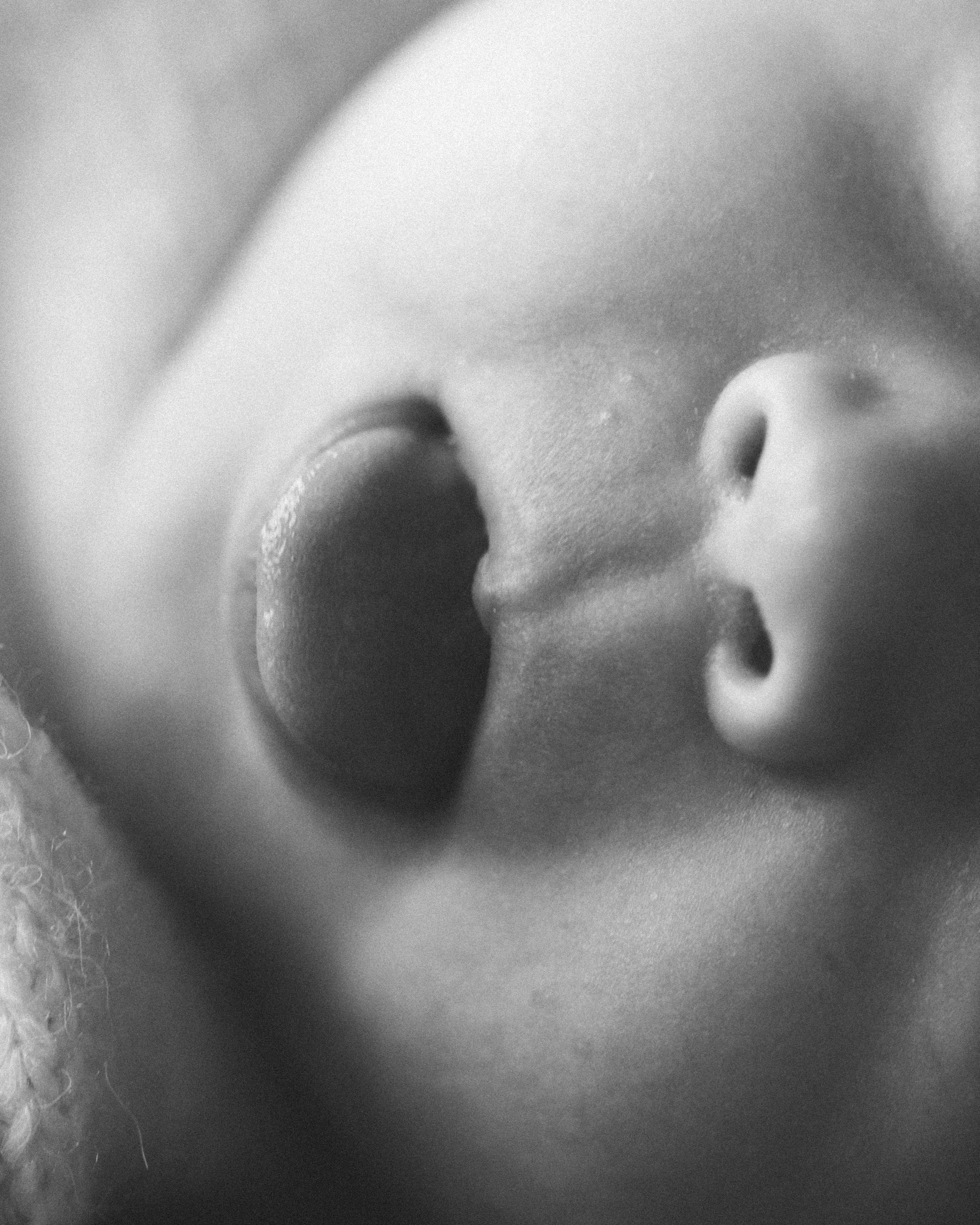 Close-up black and white photo of a baby's nose and mouth with an open mouth, showing soft textured skin.