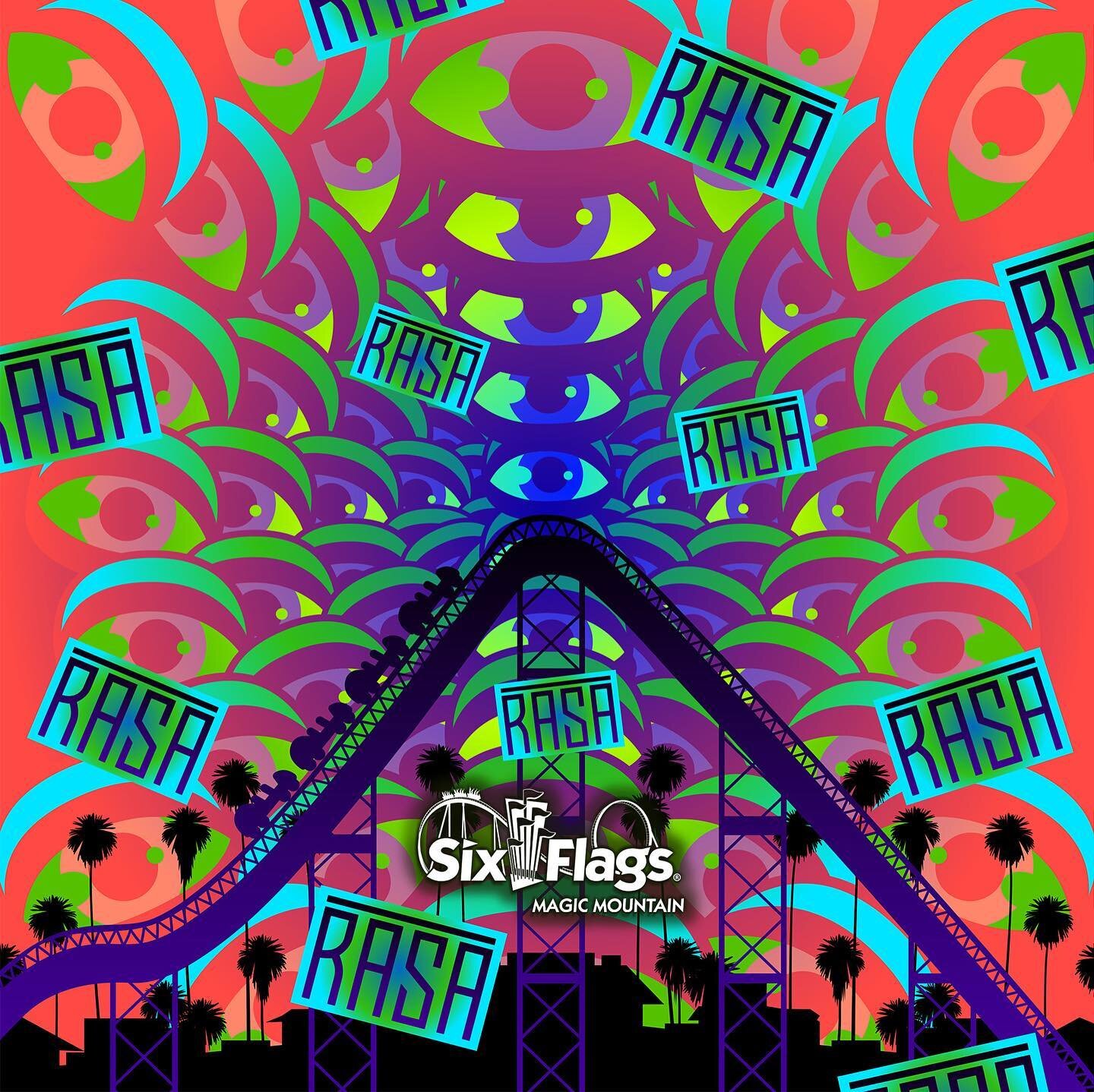 Come party with us this Saturday at Thrill City by @rasa.us at @sixflagsmagicmountain 🥳🎢 I designed some selfie walls and will be doing a little bit of live painting as well 🕺

@rasa.us
@sixflagsmagicmountain 
@samsonssound
@gretabradbury
@dmtrimu