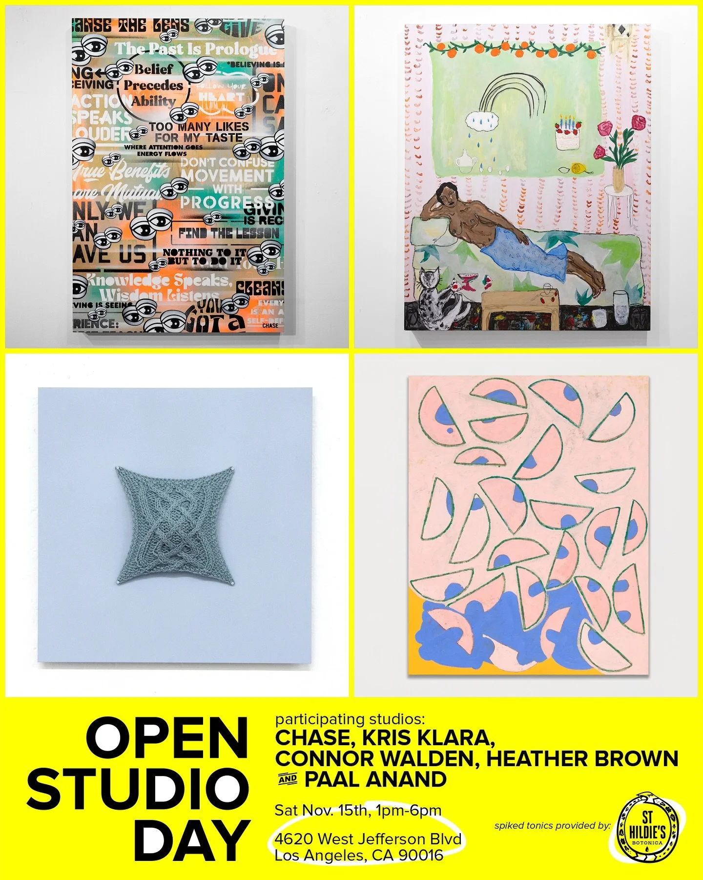 Join us this Saturday for Open Studio Day in LA&rsquo;s West Adams district.
Five artists. Five open studios. One building.
Come hang with the artists and check out some new work from 1PM to 6PM.

Spiked tonics provided by @drinkahildie

@krisklara_ 