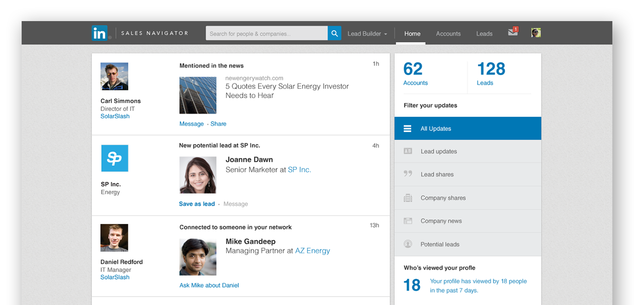 The original Sales Navigator homepage we launched with in 2014