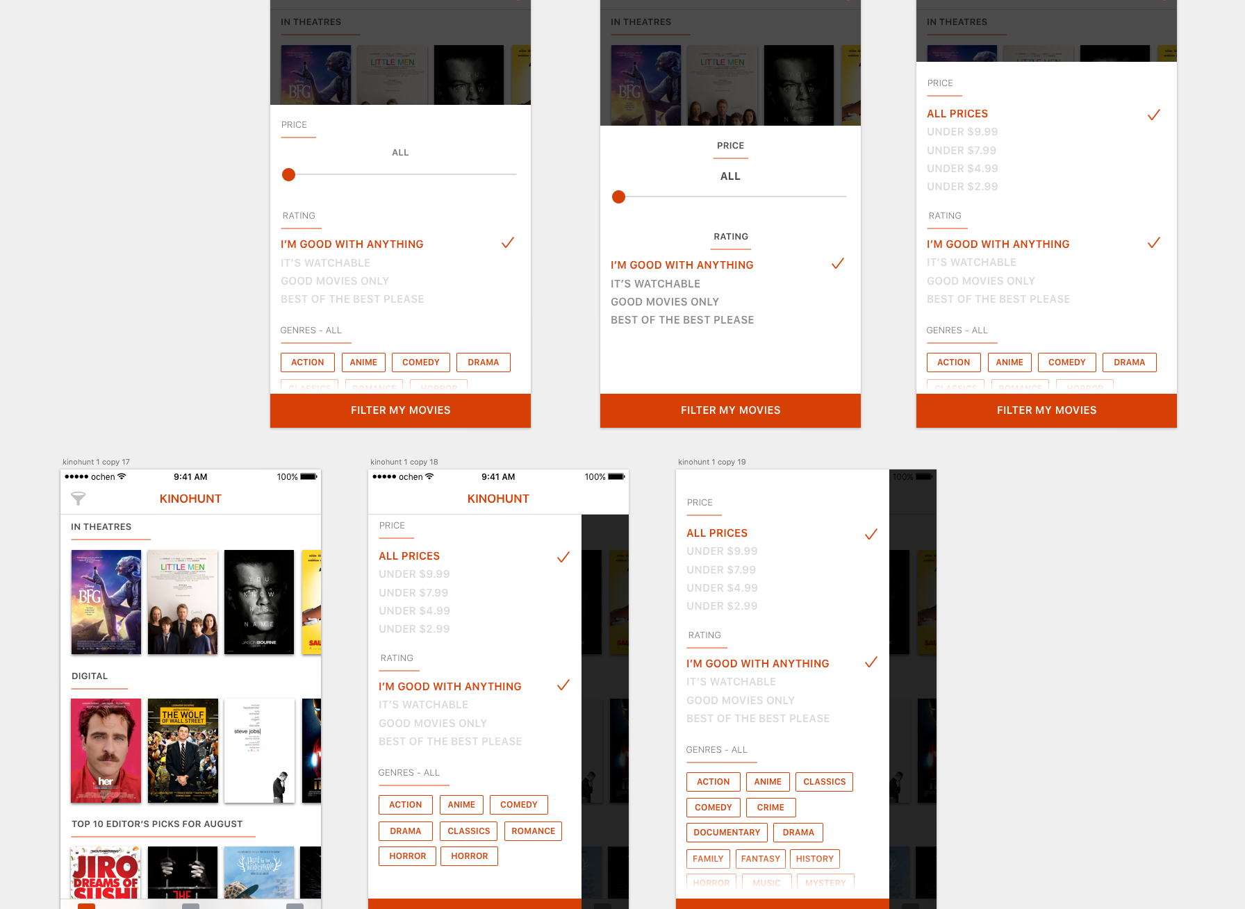 Iterating on the filters. Here, we really thought it was a good opportunity to let through some personalities for the app. Instead of using traditional rating language of stars or percentages, we decided to try something more fun.