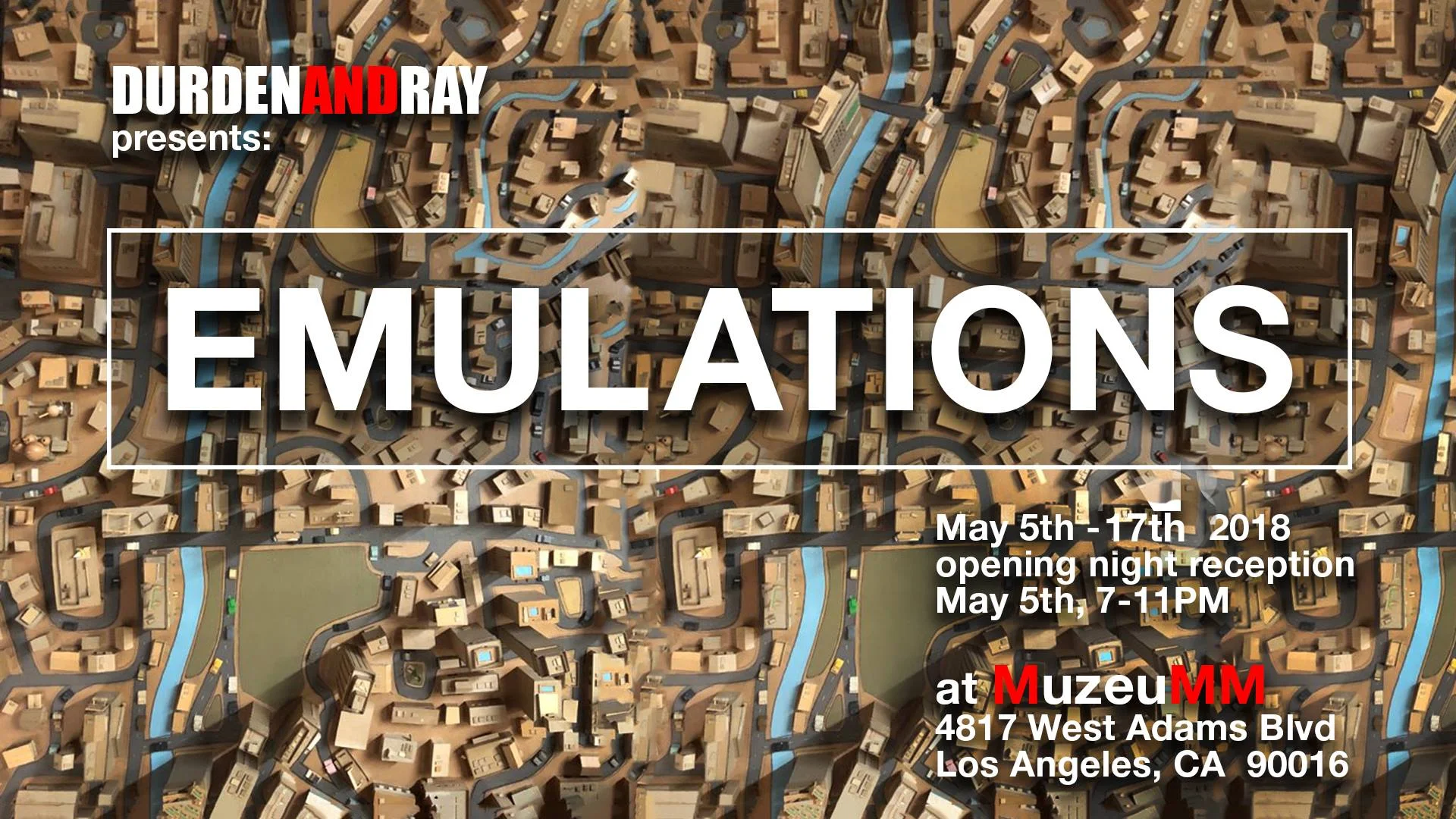 EMULATIONS is a multimedia group exhibition of Southern California-based artists whose work re-examines our relationship to the multidimensional space of the “hyperreal.” Curators: Brian Thomas Jones and Ed Gomez Artists: Dani Dodge, Ed Gomez, Ichiro Irie, Ben Jackel, Kiel Johnson, Brian Thomas Jones, and Daena Title
