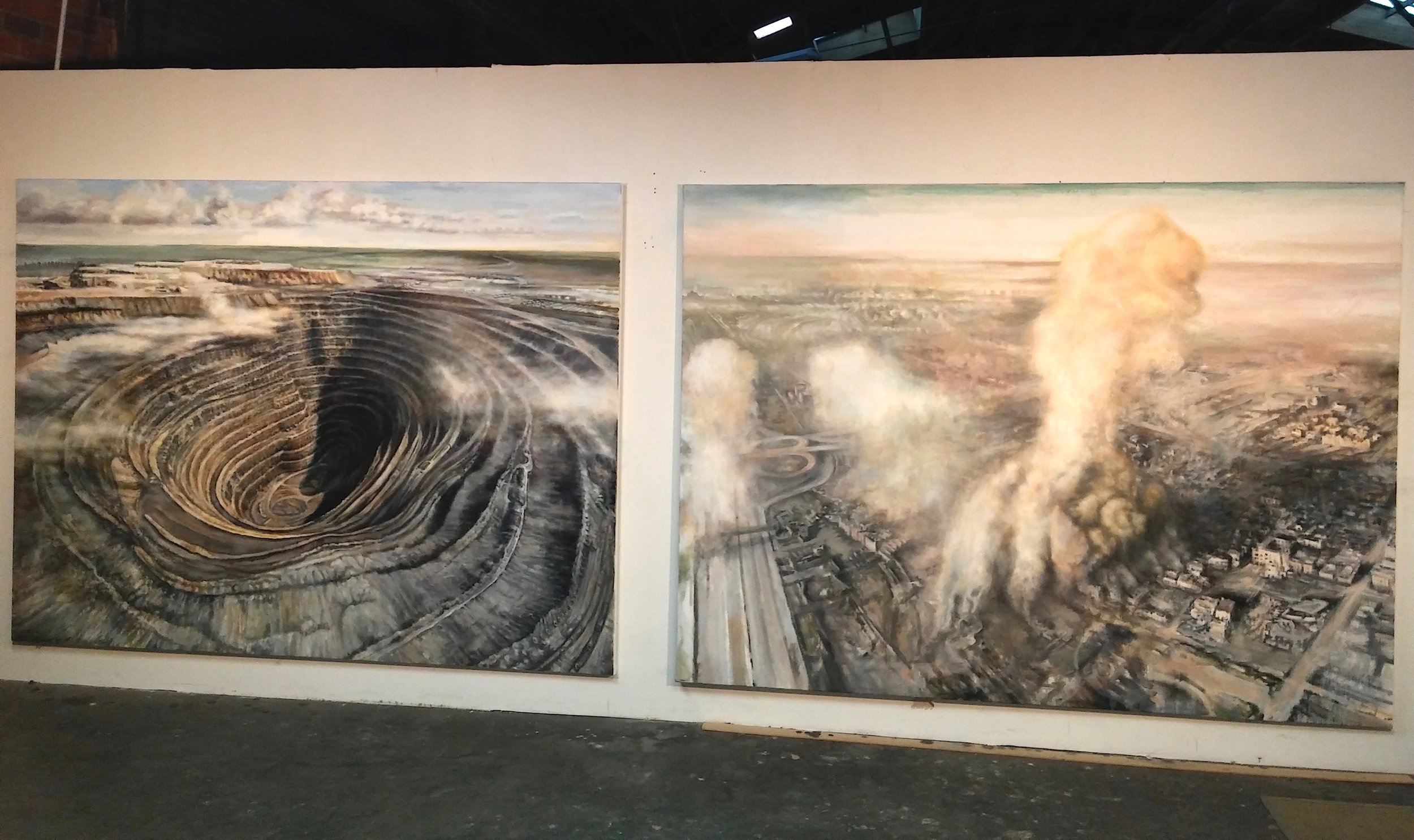 “Russian Drone Painting 1 (Mir Diamond Mine, Siberia)” / “Russian Drone Painting 2 (Siege of Damascus)”
