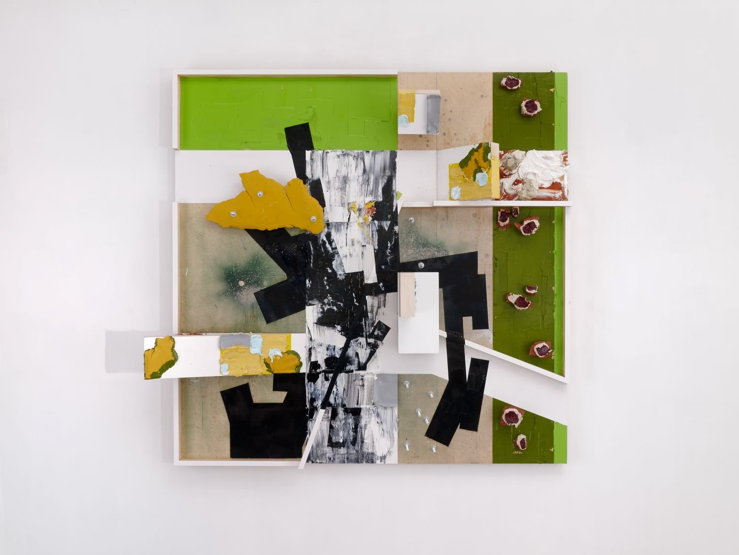 ‘The Tectonics of Painting No.4’, 2019, 60”x63”x12”, oil, ink, latex, enamel spray with plastic and bolts on wood panel construction. Retail ($7500.00)      