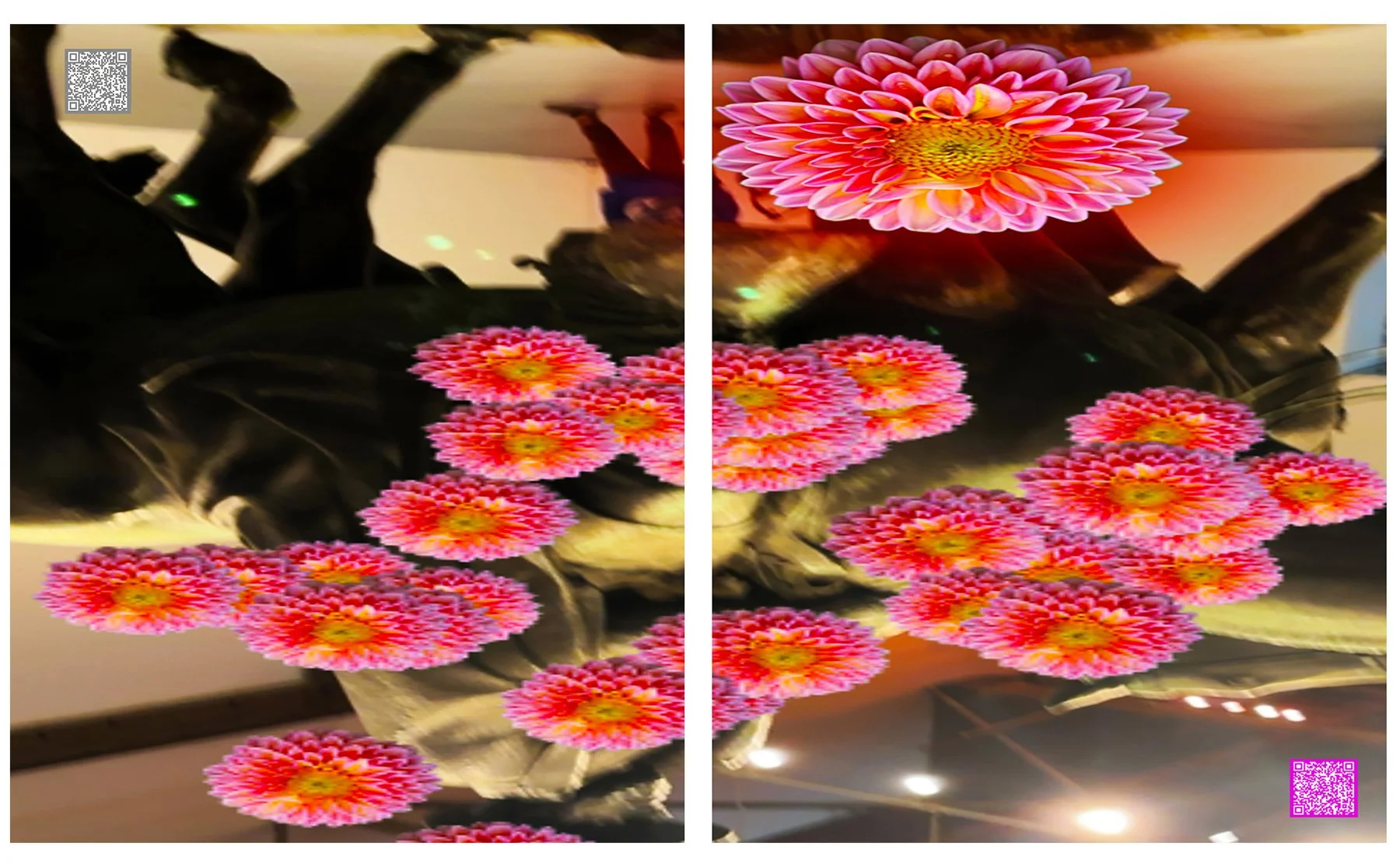    Monumentos Liminales (Flores),   diptych, in collaboration with Eugene Ahn, 2025-2026, digital prints designed for Supermarket Art Fair, Stockholm with AR feature from Mexico City’s La Ruta de Amistad performance events, Berlin-Los Angeles-Mexico 
