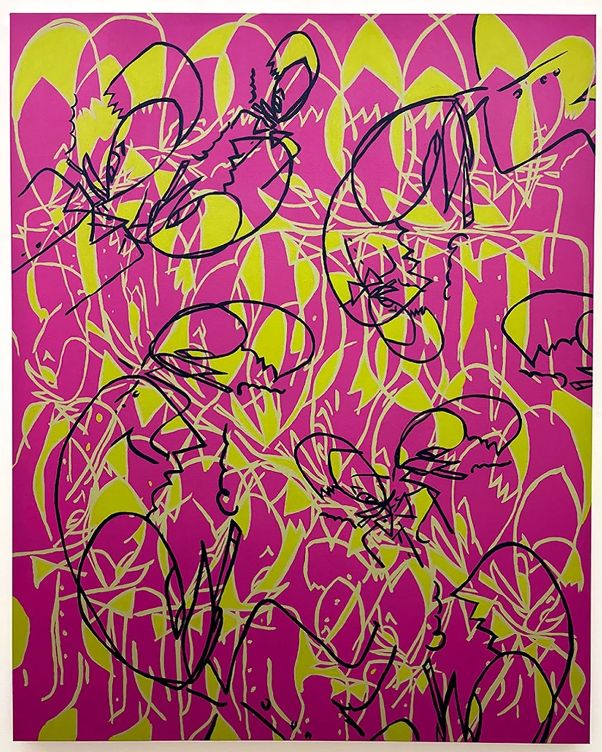    Kool Katz vs. Black Widows,   2025, acrylic on canvas, 56 x 48 inches 