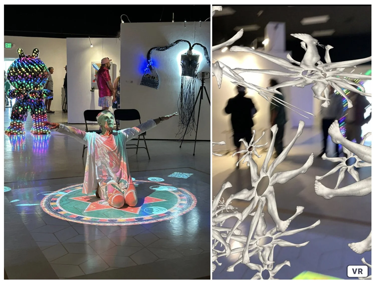    Dancing WuLi Masters  , 2024, in collaboration with Eugene Ahn, vinyl dancefloor as screen, sculpture, and frame for human activity, interactive video installation and augmented reality features, dimensions variable; movement performance by Ariel 