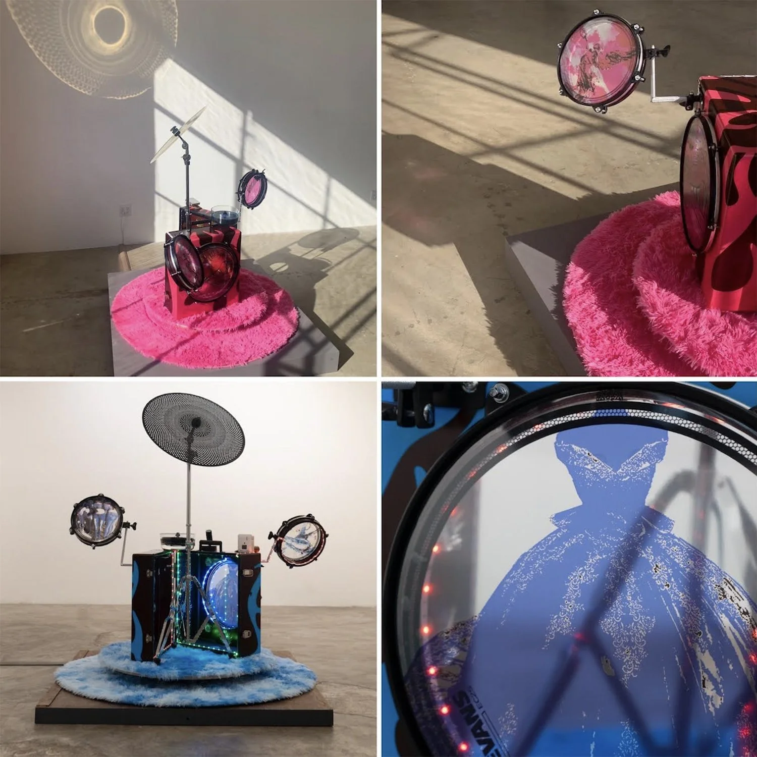    Top: Poparosa, Bottom: ItzaL.A. Cool,   2024, Rotating, kinetic drum set sculptures with video &amp; sound, inspired by Santee Alley, downtown Los Angeles and Mexico City’s two volcanoes, Popocatépetl and Iztaccihuatl, that are lovers, dimensions 