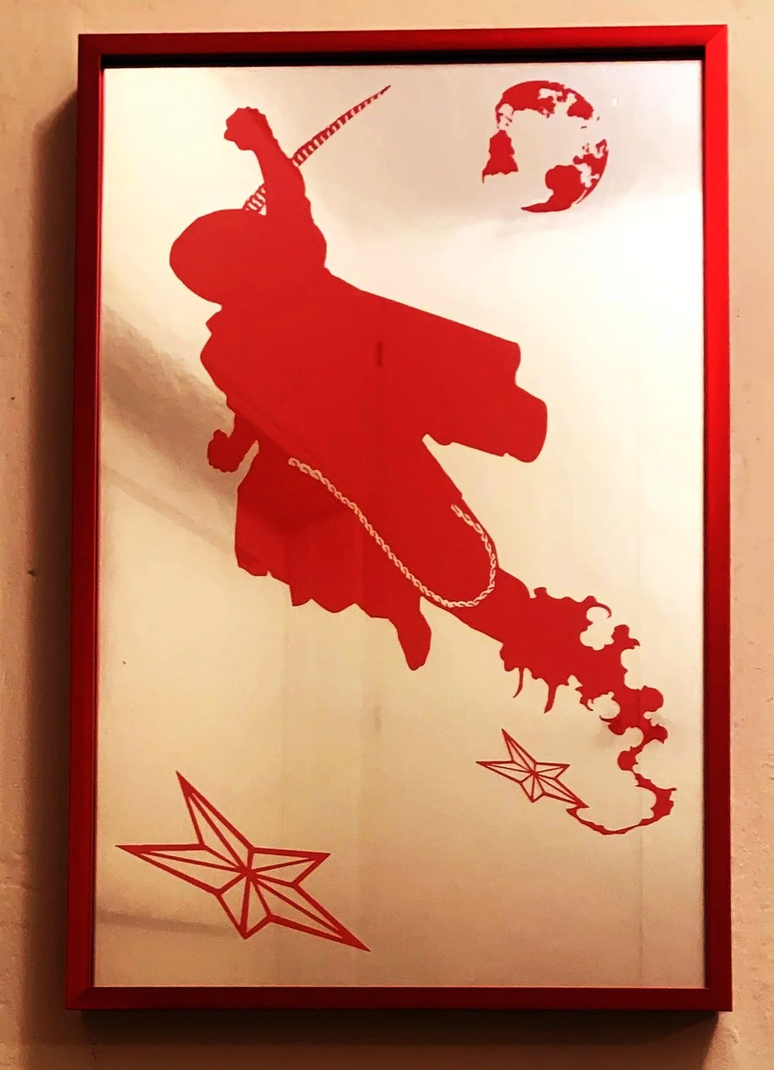    Volando  , 2024, red vinyl on silver metallic paper, designed for Supermarket Art Fair, Stockholm, 17 x 11 inches 