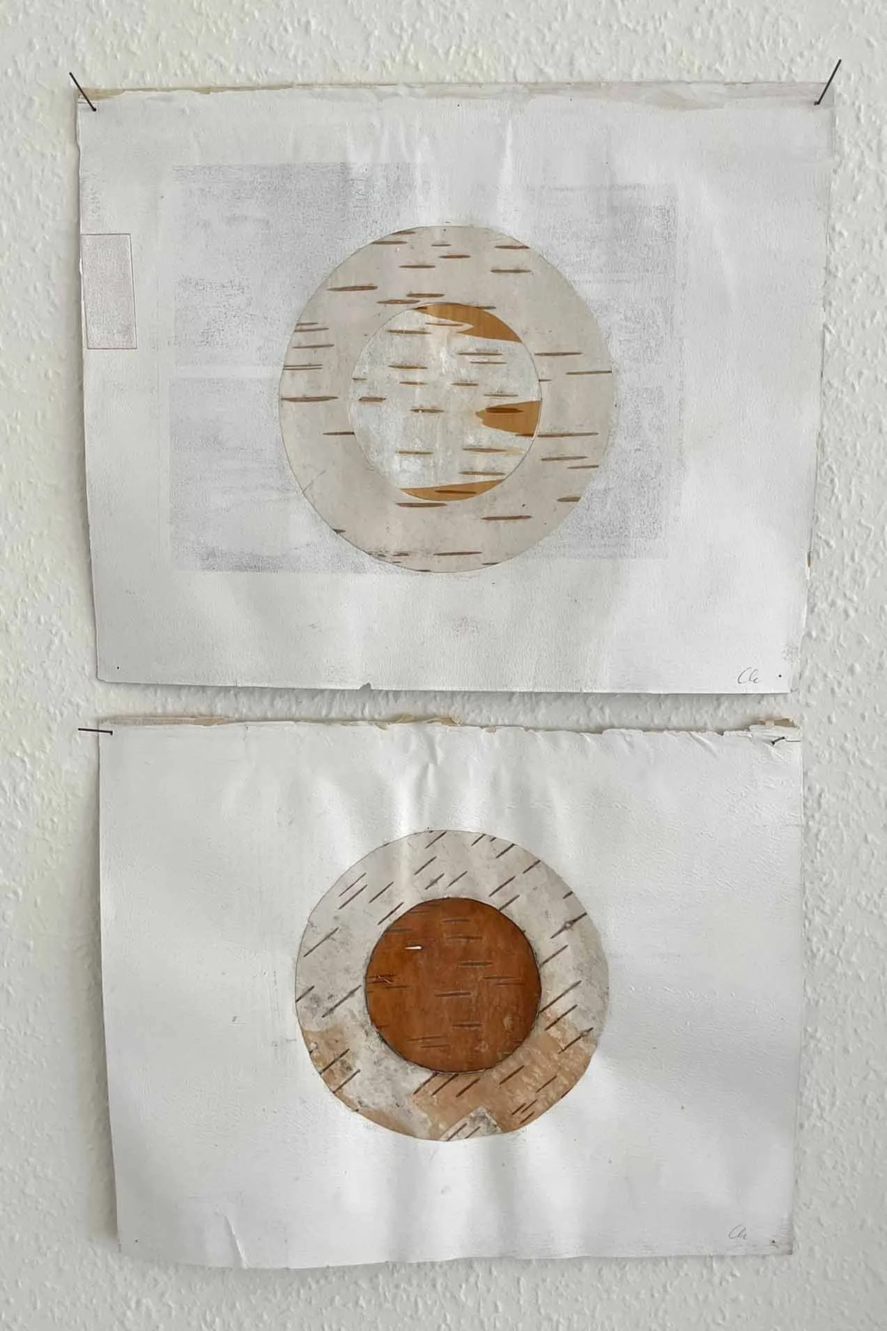  Kreise, Birkenrinde, Acryl auf Papier, je 22,5 x 28,5 cm 