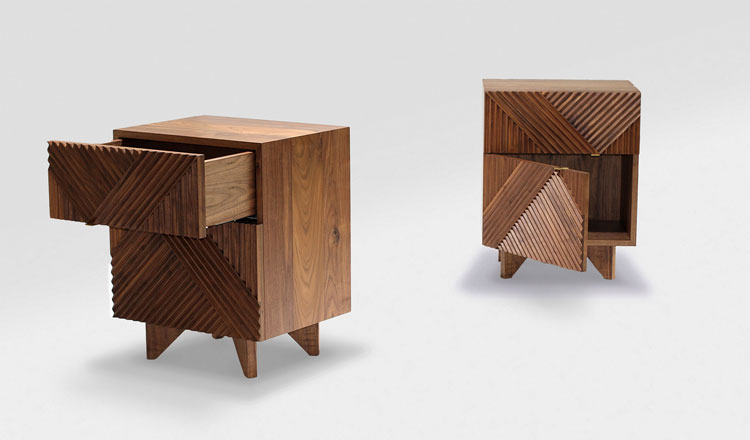 This is the Enzo Side Table designed by Rosanna Ceravolo , from Melbourne VIC. The routered texture on the front creates an amazing geometric pattern. The American Walnut's finished in natural Danish Oil.