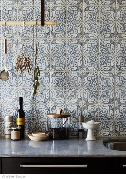 Dusty blue, grey and white Duquesa Cement tiles. According to the manufacturer, the Fatima design shown here draws inspiration from 16th century Italian textiles, Portuguese tile, and Moorish mosaics.