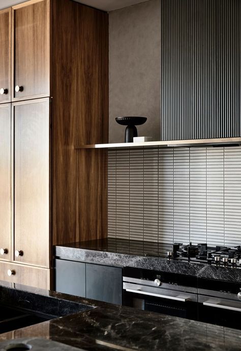 White finger tiles looking good in this luxurious modern kitchen, St Kilda East VIC. Architect: Luke Fry