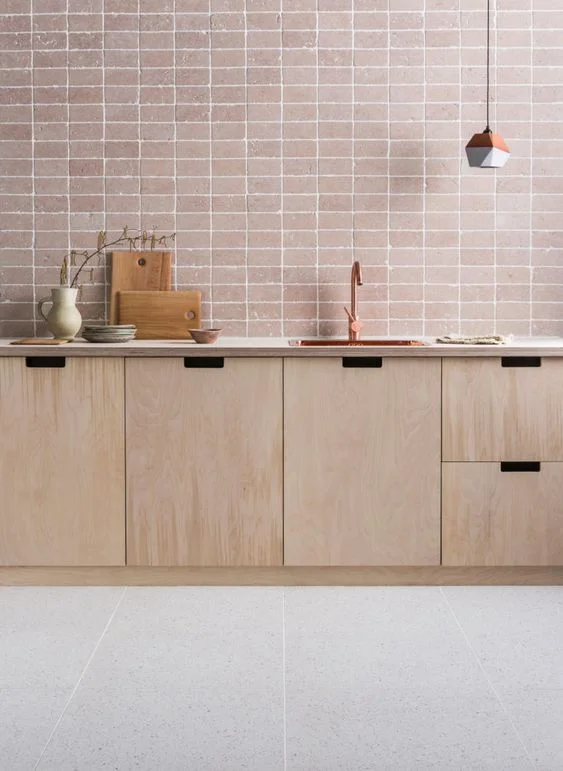 Soft blush, Italian marble tiles with a tumbled edge, called Rosa Perlino. Image source: Mandarin Stone