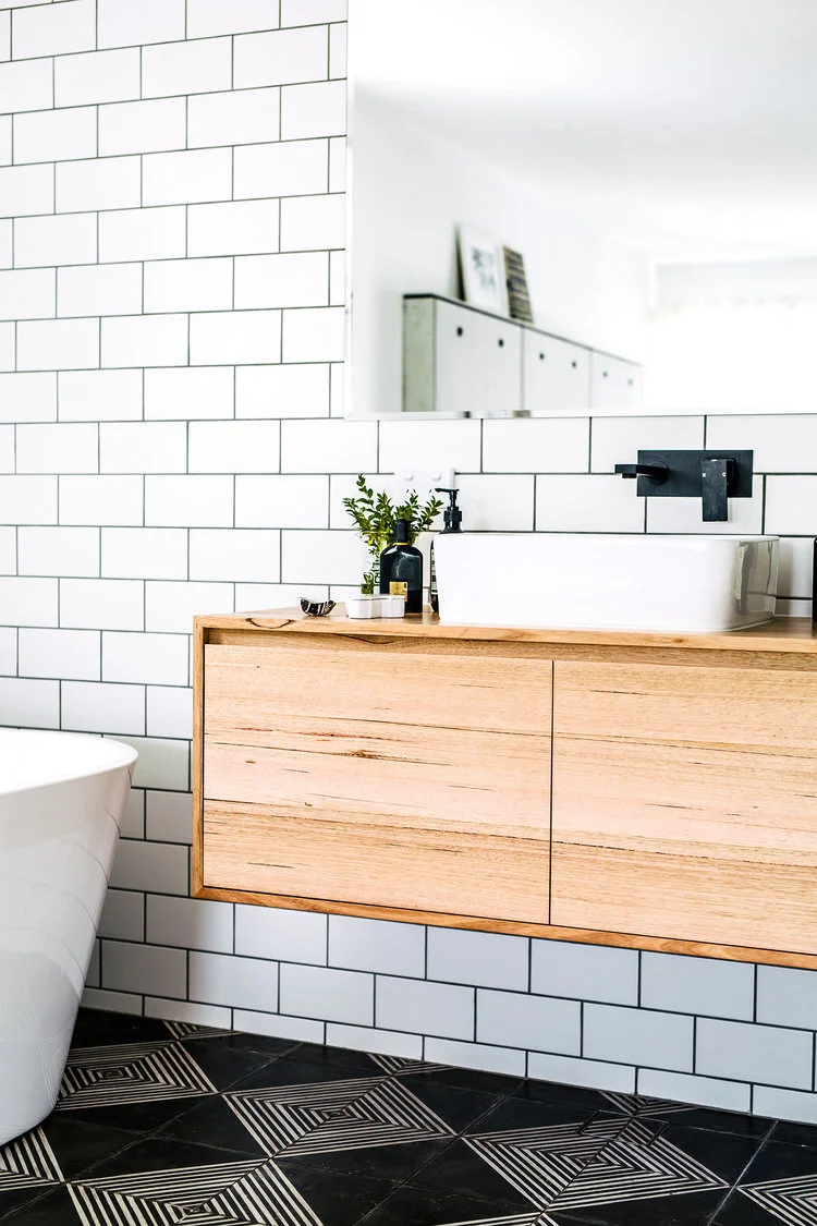 Natural timber vanity with bohemian style tiles | styling & interior design: Sophie Bell | photography: Hannah Blackmore