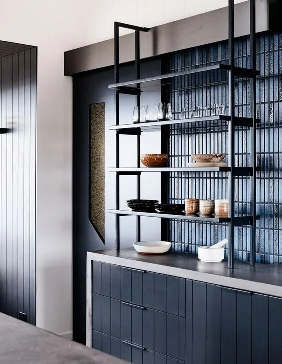 Gantry style shelving above bench: Serving Food Zone | interior design: Doherty Design Studio