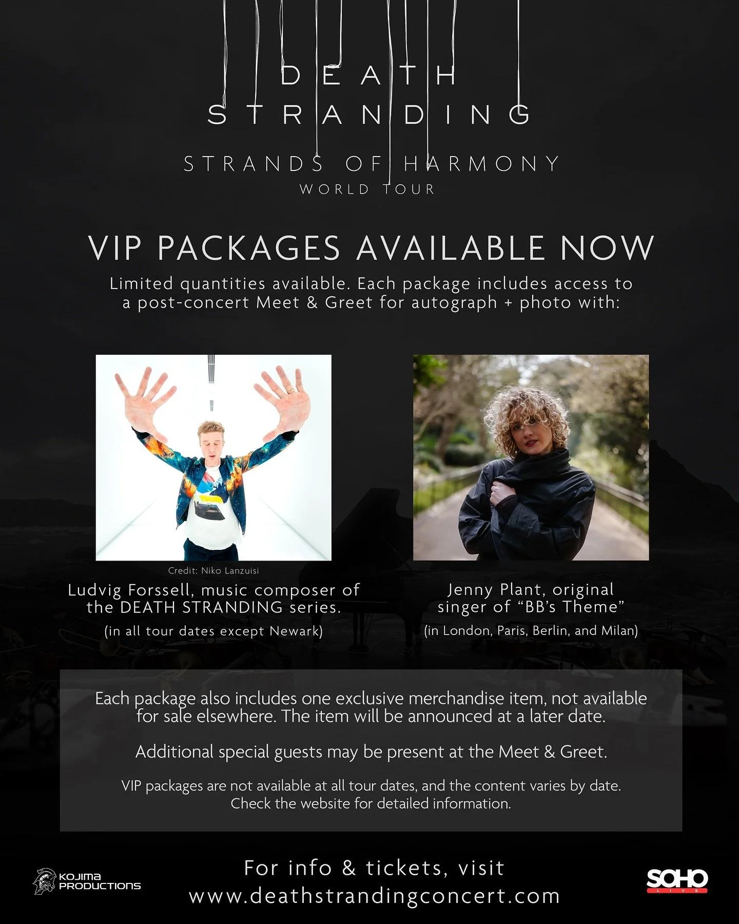 ⭐️ We are excited to announce the first special guests of the DEATH STRANDING Strands of Harmony World Tour!
Series composer Ludvig Forssell, and &ldquo;BB&rsquo;s Theme&rdquo; original singer Jenny Plant will attend and perform in select tour dates.