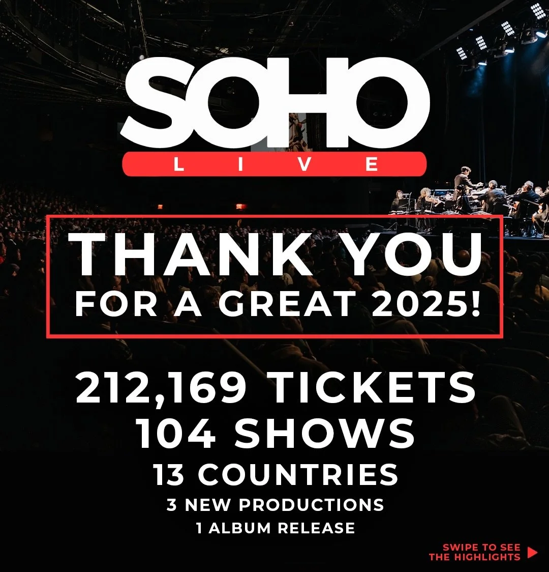 As 2025 comes to a close, we want to thank all the partners, promoters, venues, and individuals who worked with us in making this SOHO Live&rsquo;s best year yet.

Every show is an unrepeatable experience, but some of our 2025 highlights include:

- 