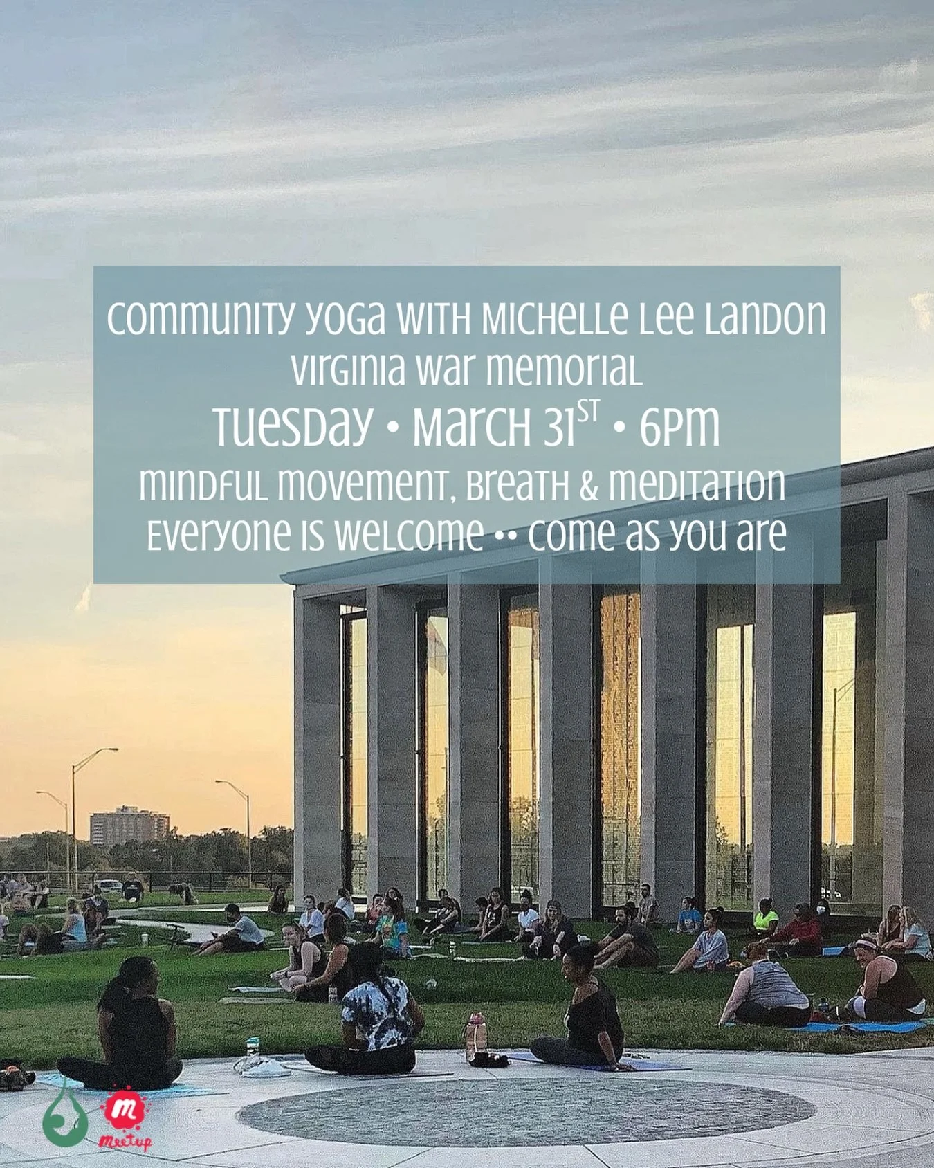 COMMUNITY ☀️
Staying in town for Spring Break next week? The weather is looking beautiful &amp; community is so needed right now. 

Join me:
Tuesday&bull;March 31st&bull;6pm
📍 @vawarmemorial 

Mindful movement, breath &amp; meditation accessible for