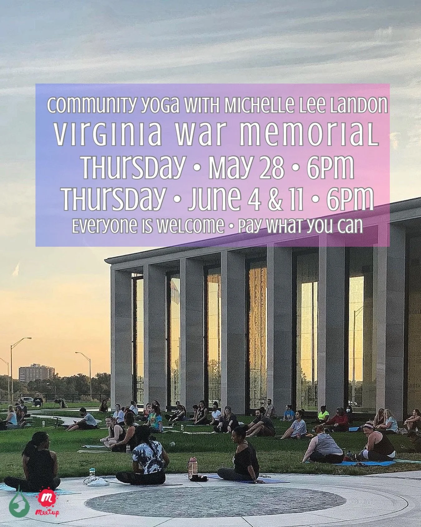 The school year is winding down &amp; I&rsquo;m waving at summer like 
💫☀️🫶🏼💚💫 

Save the Dates

Community Yoga 
📍 @vawarmemorial 
Thursdays &bull; 6pm
May 28
June 4 &amp; 11

Everyone is welcome💚

#onedropyoga #rva #rvawellness