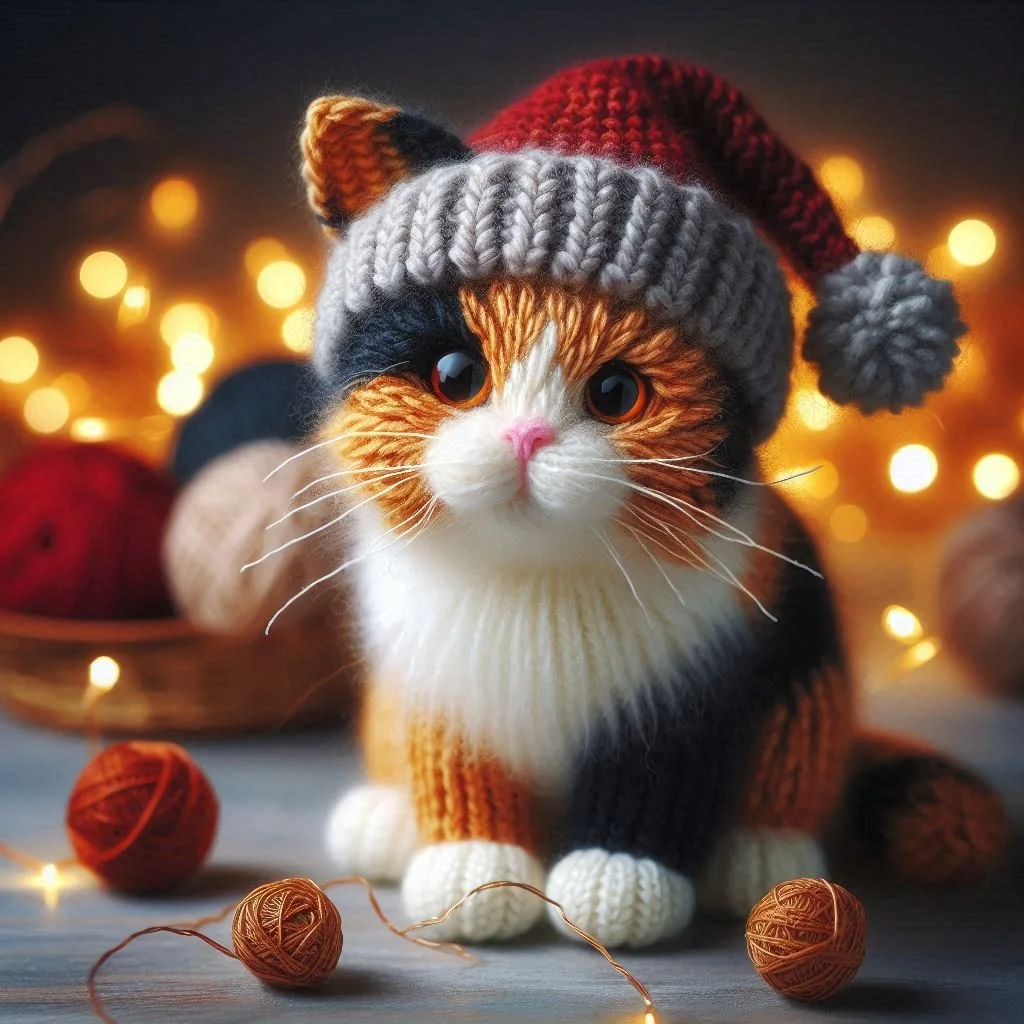 Knitted Calico Cat Christmas Card