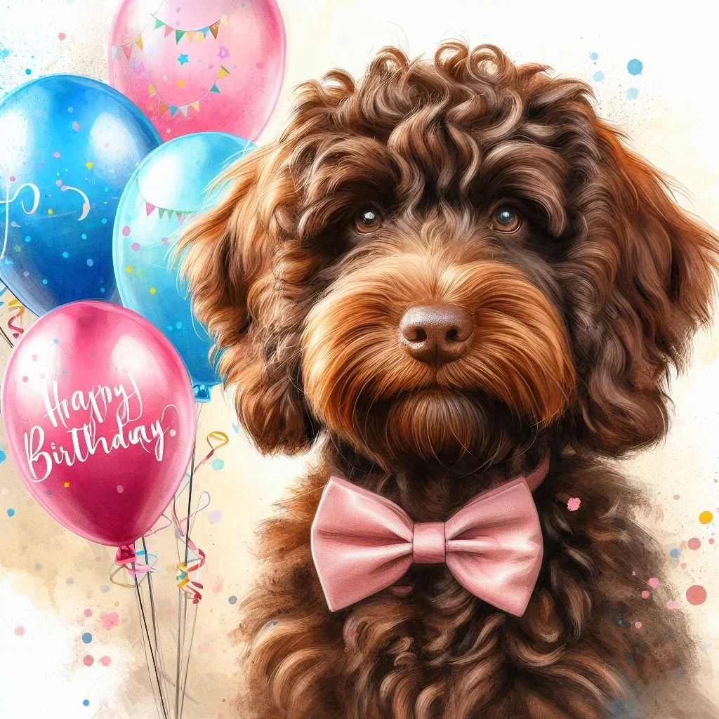 Brown Cockapoo Balloon Birthday Card