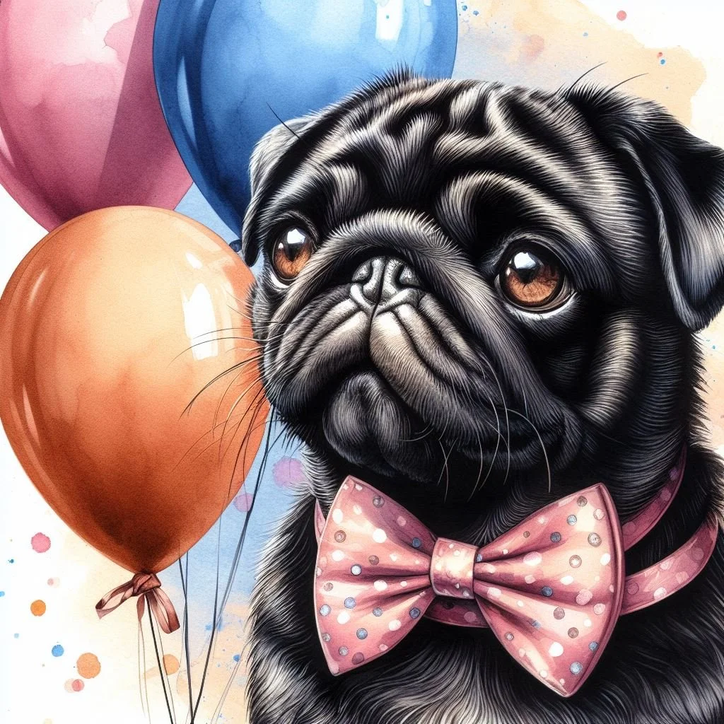 Black Pug Balloon Greeting Card
