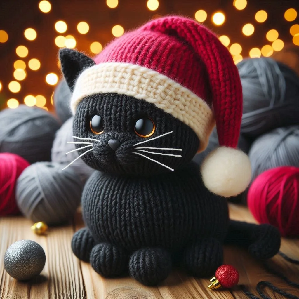 Knitted Black Cat Christmas Card