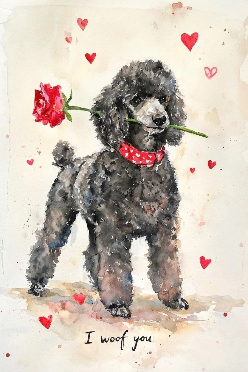 Large Black Poodle Valentine Card
