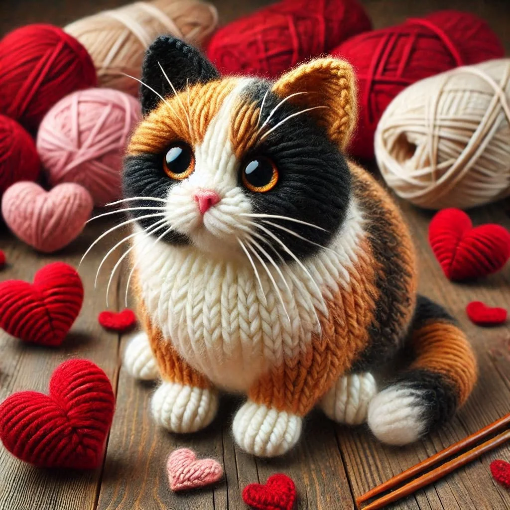 Knitted Calico Cat Valentines Card