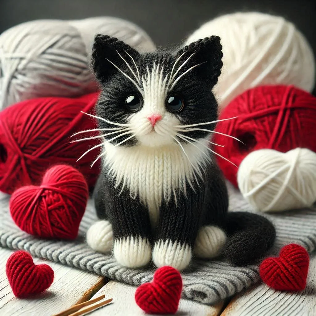 Knitted Black and White Cat Valentines Card