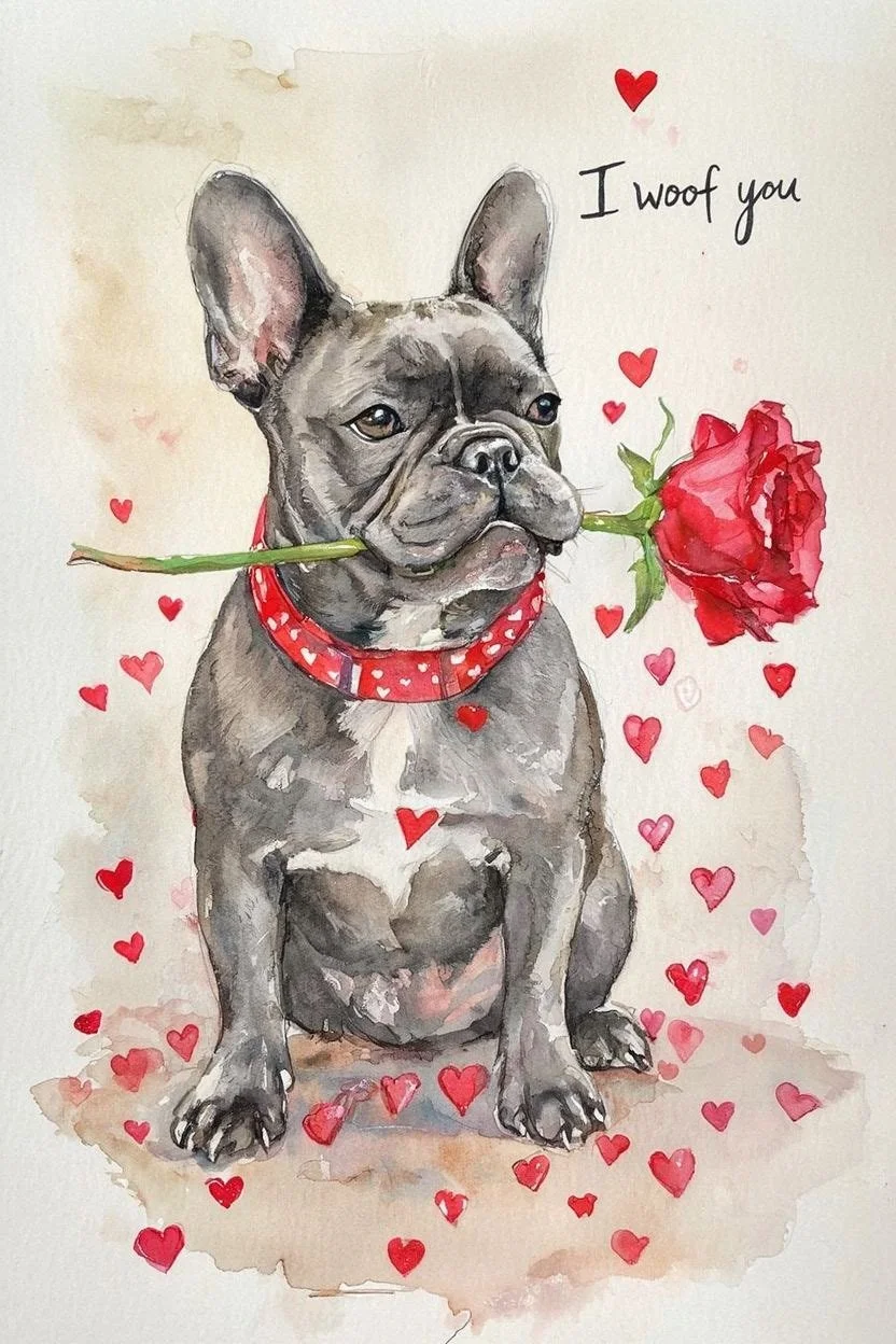 Large Grey Frenchie Valentine Card